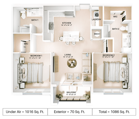 Floor plan for 2 beds, 2 baths, 1016 sqft
